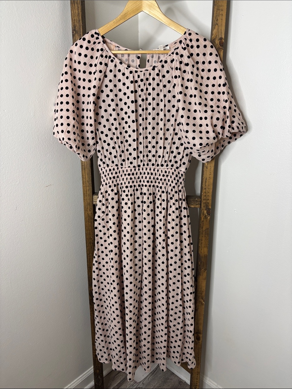 Blu Pepper Pink Midi Dress with Black Polka Dots Size L